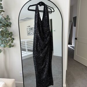 Elegant Black Sequin Halter Dress